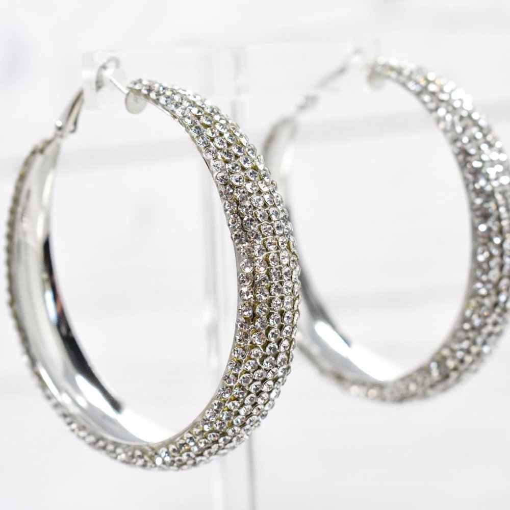 2.25" SEMI WIDE PAVE CLEAR RHINESTONE SILVER HOOPS